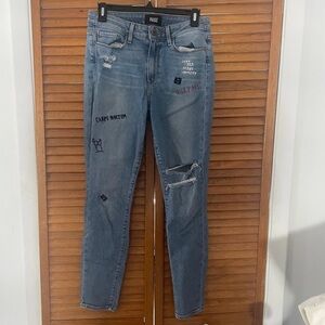 Paige Manhattan Hoxton Ankle Caprice Embroidery Blue Ripped Jeans Sz 29